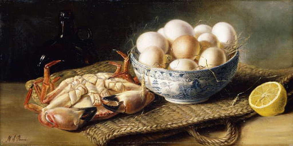 Detail of A Crab and a Bowl of Eggs on a Basket, with a Bottle and Half a Lemon by Mary E. Powis
