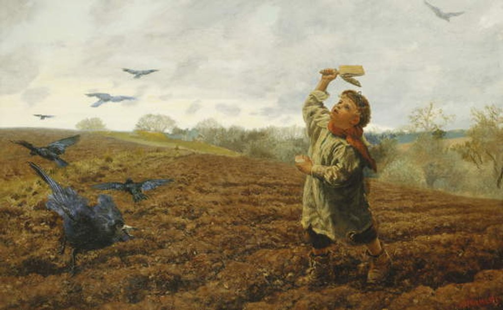 Detail of The Crow-Scarer; 'Pigeons and Crows, Take Care of Your Toes', 1884 by Arthur Hughes