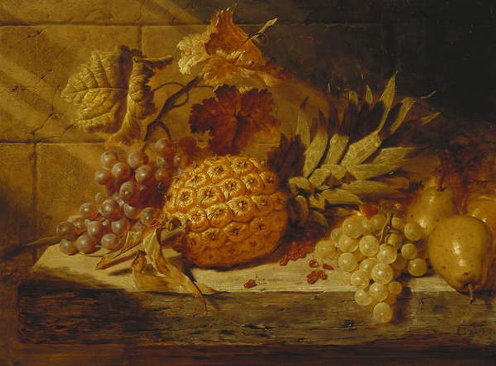 Detail of Black and White Grapes, Pears, Redcurrants and a Pineapple on a Ledge, 1845 by George Lance