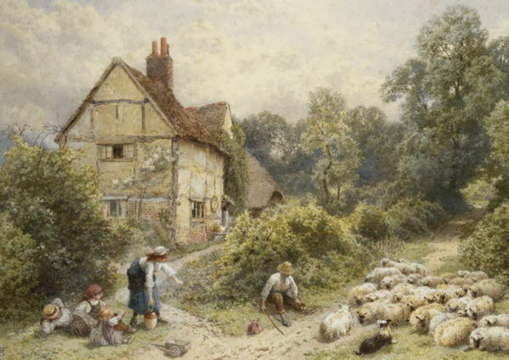 Detail of Fowl House Farm, Witley, with Children, a Shepherd and a Flock of Sheep Nearby by Myles Birket Foster
