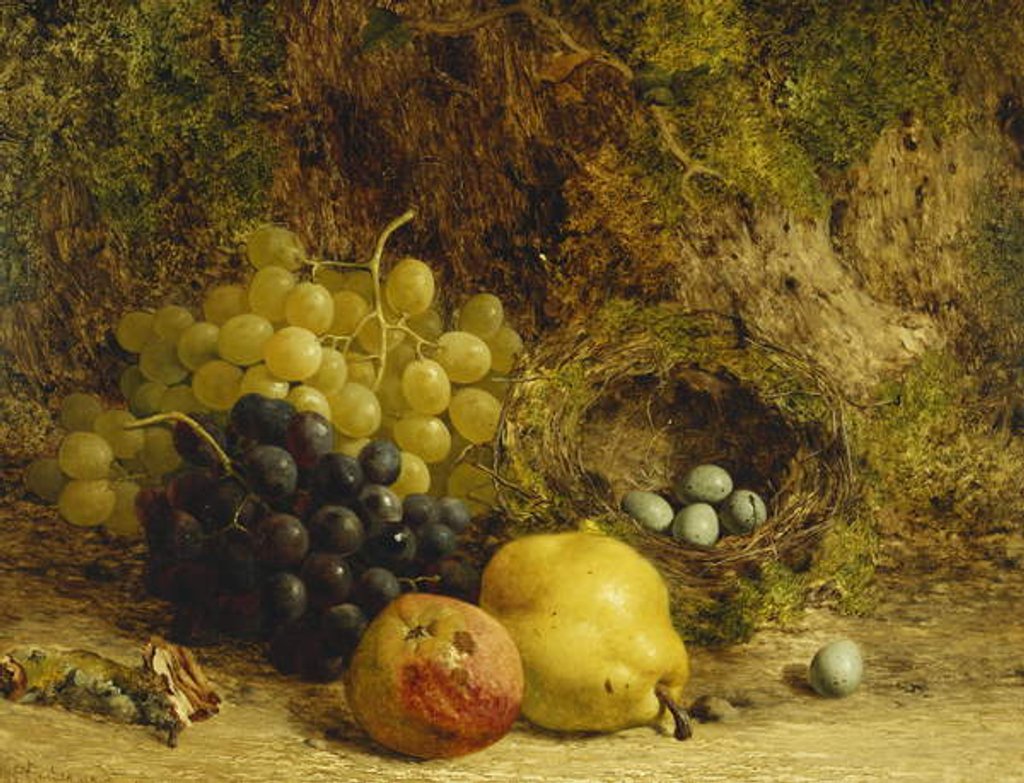 Detail of Grapes, an Apple, a Pear and a Bird's Nest on a Mossy Bank, 1865 by William Hughes
