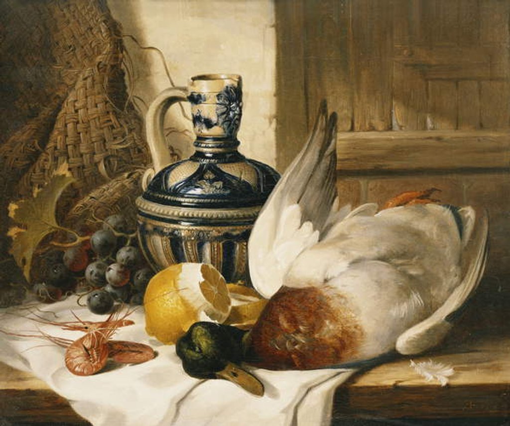 Detail of A Mallard, a Jug, a Peeled Lemon, Grapes and Shrimps on Draped Ledge by Edward Ladell