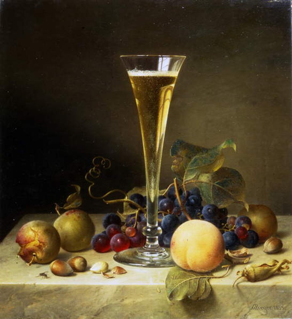 Detail of Still Life with a glass of champagne, 1855 by Johann Wilhelm Preyer