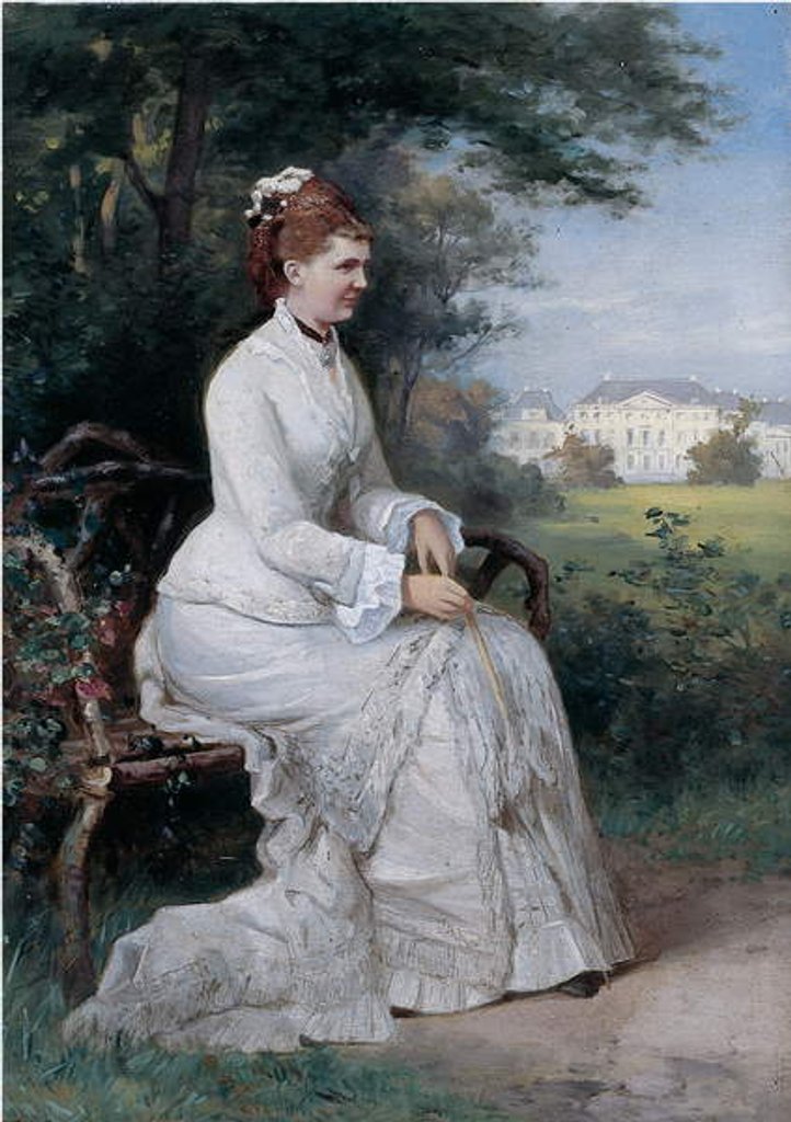 Detail of Portrait of Princess Emma von Waldeck-Pyrmont seated on a bench in the park of the Palace Het Loo by Piet Schipperus