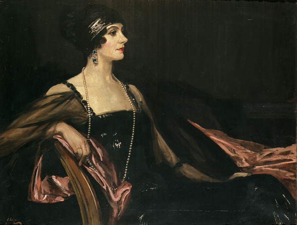 Detail of A Lady in Black: Portrait of Jean Ainsworth, Viscountess Massereene and Ferrard, 1917 by John Lavery