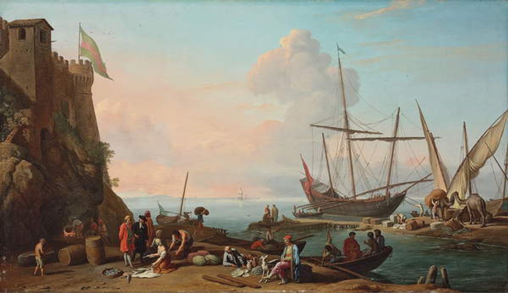 Detail of A Mediterranean harbour with stevedores unloading their ships, figures selling fish in the foreground by a fortress by Adrien Manglard