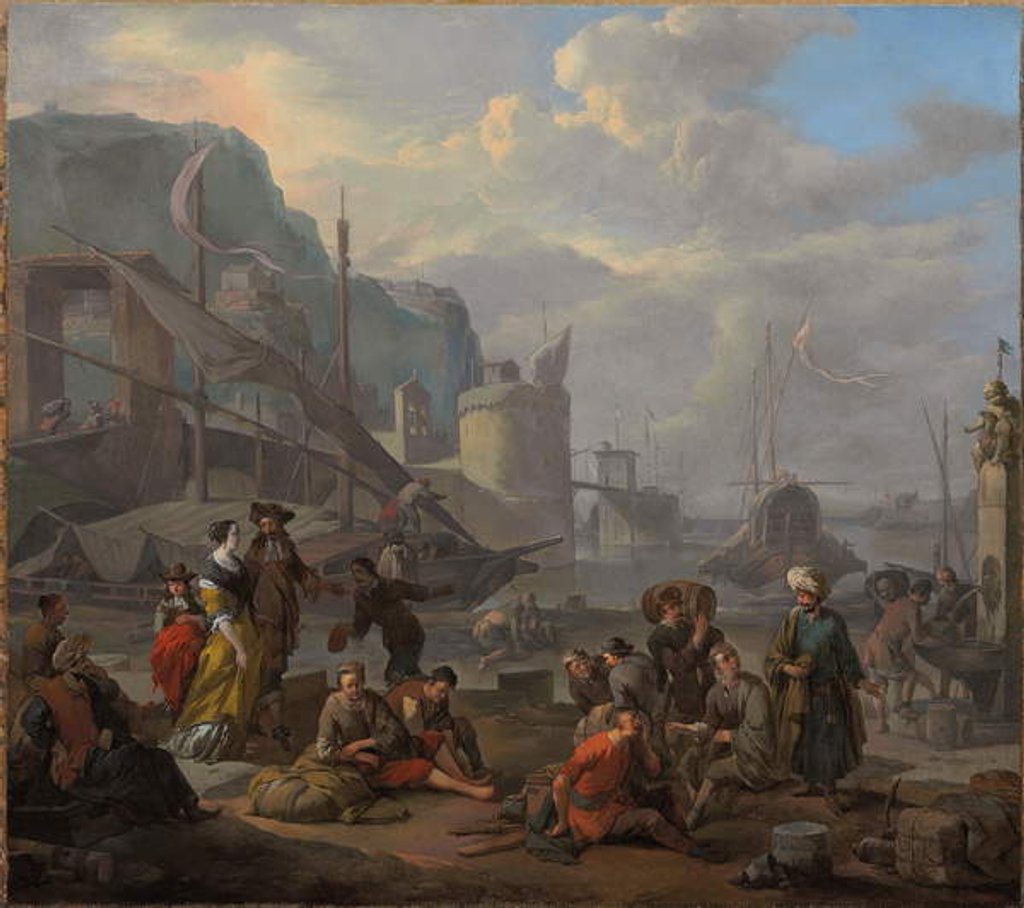 Detail of A Mediterranean port with an elegant couple and travellers resting by the quay by Johannes Lingelbach