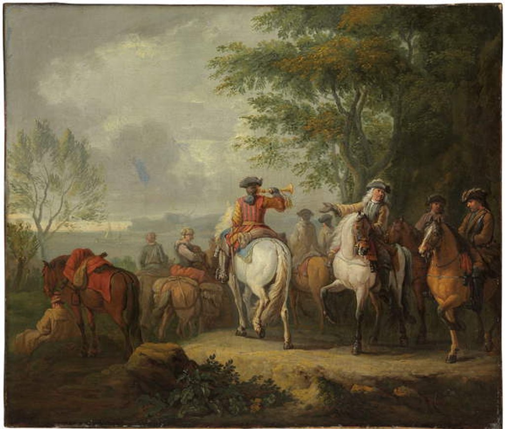 Detail of Cavaliers setting off on a journey by Pieter van Bloemen