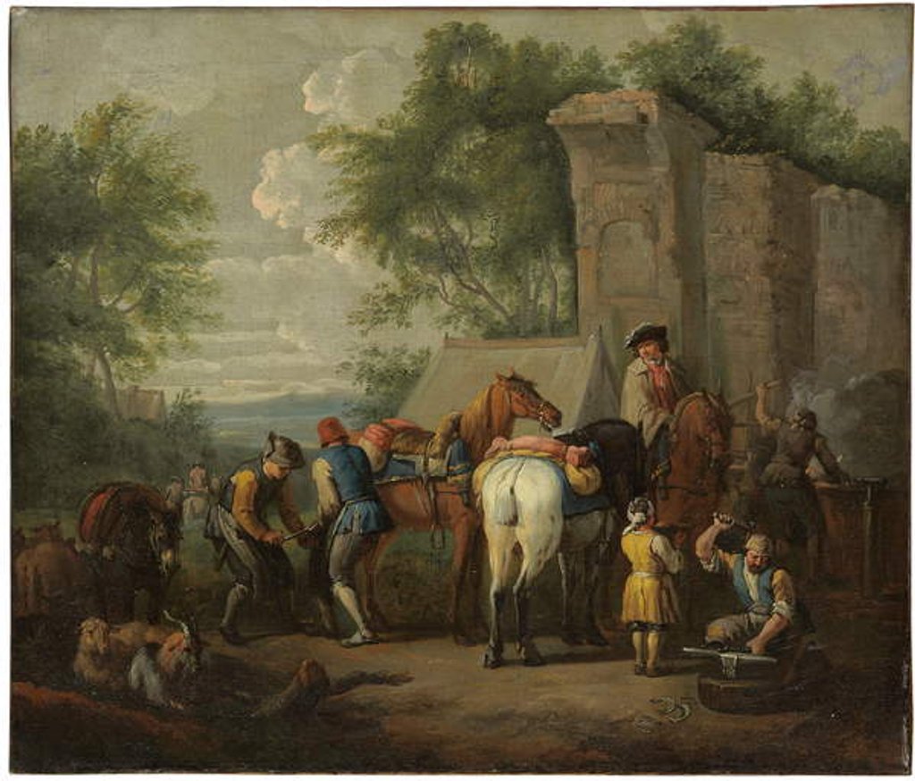 Detail of A military blacksmith shoeing horses by a ruin by Pieter van Bloemen