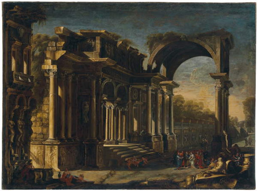 Detail of Capriccio with Roman ruins and Christ with the Woman Taken in Adultery by Francesco Maglioli
