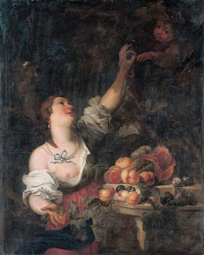 Detail of A woman picking grapes and a putto by a Classical pedestal adorned with fruit by Il & Brueghel Abraham Borgognone