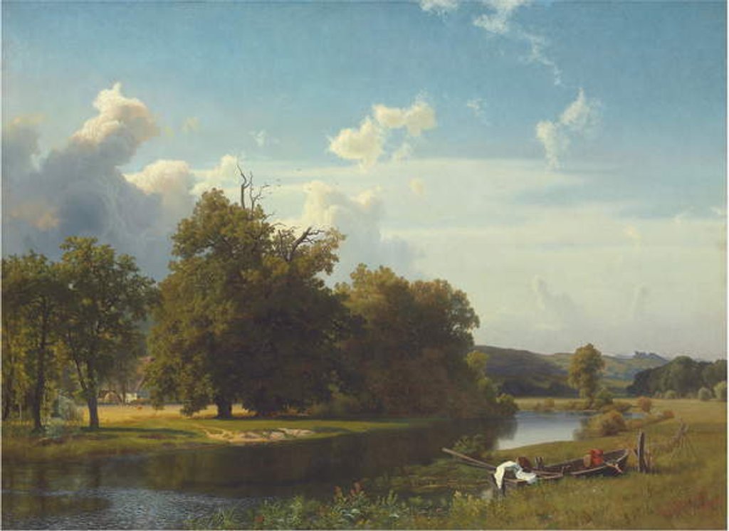 Detail of A river landscape, Westphalia, 1855 by Albert Bierstadt