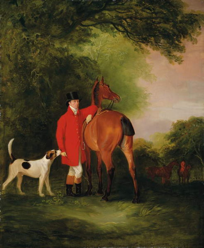 Detail of Portrait of Lord Lismore in a hunting coat with his bay hunter and a hound, in a landscape, a hunting party beyond by John E. Ferneley