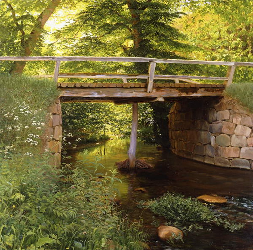 Detail of A Forest Stream with a wooden Bridge, 1900 by Marcus Bech Fritz