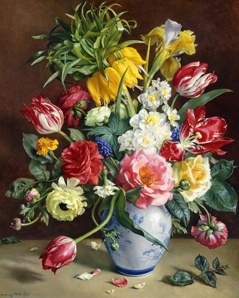 Detail of Tulips, Roses, Narcissi and other Flowers in a Blue and White Vase by R. Klausner