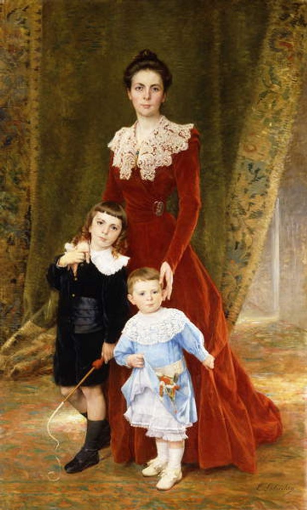 Detail of Portrait of a Lady, standing full length, with her Children by Timoleon Marie Lobrichon