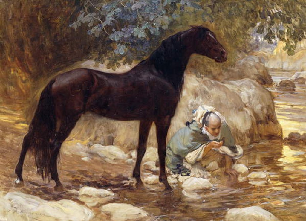 Detail of An Arab watering his Horse by a River, c.1890-1900 by Frederick Arthur Bridgman