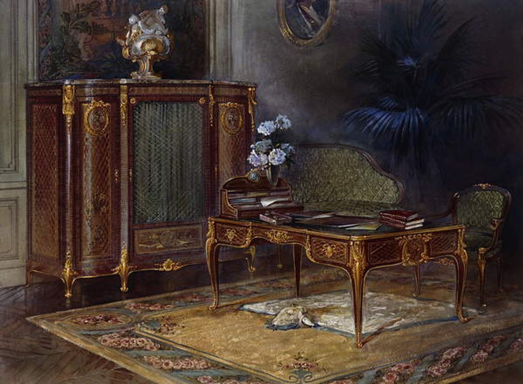 Detail of An Interior with a Louis XV Style Ormulu-mounted and Parquetry Bureau Plat and Bibliotheque43.4cm., by French School