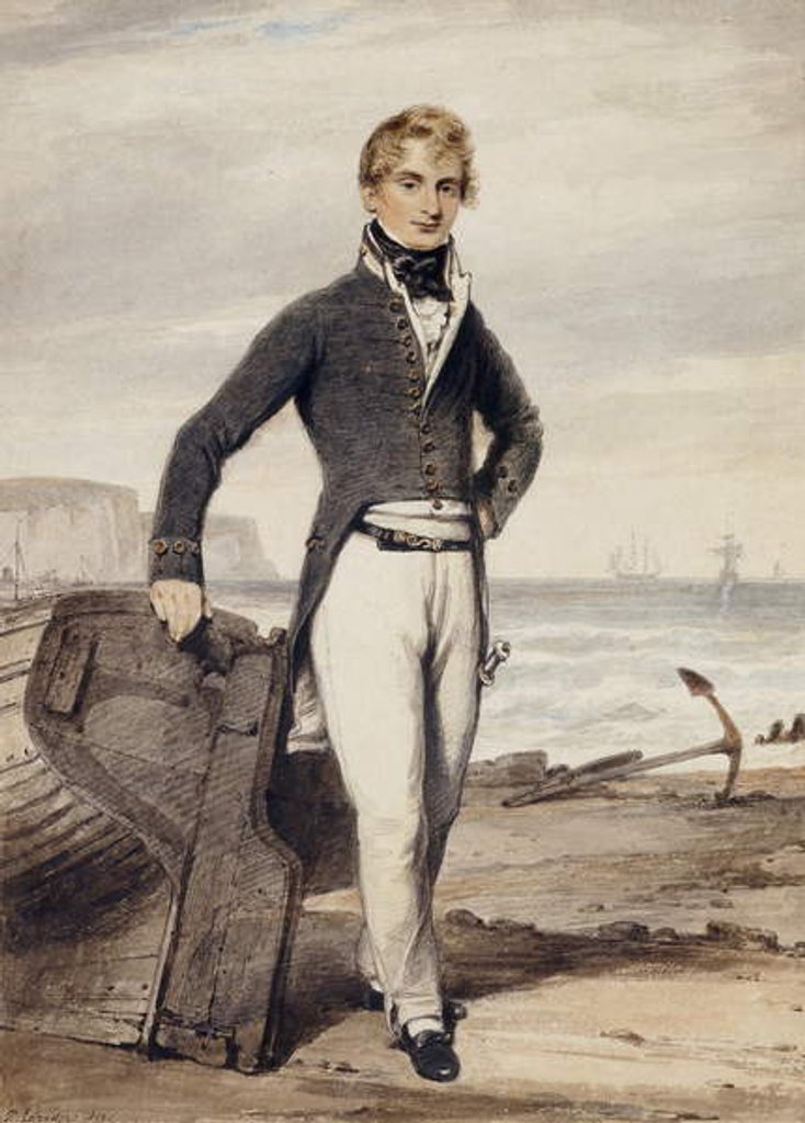 Detail of Portrait of Edward Pocock R.N., small full length, Standing Beside a Beached Rowing Boat at Low Tide by Henry Edridge