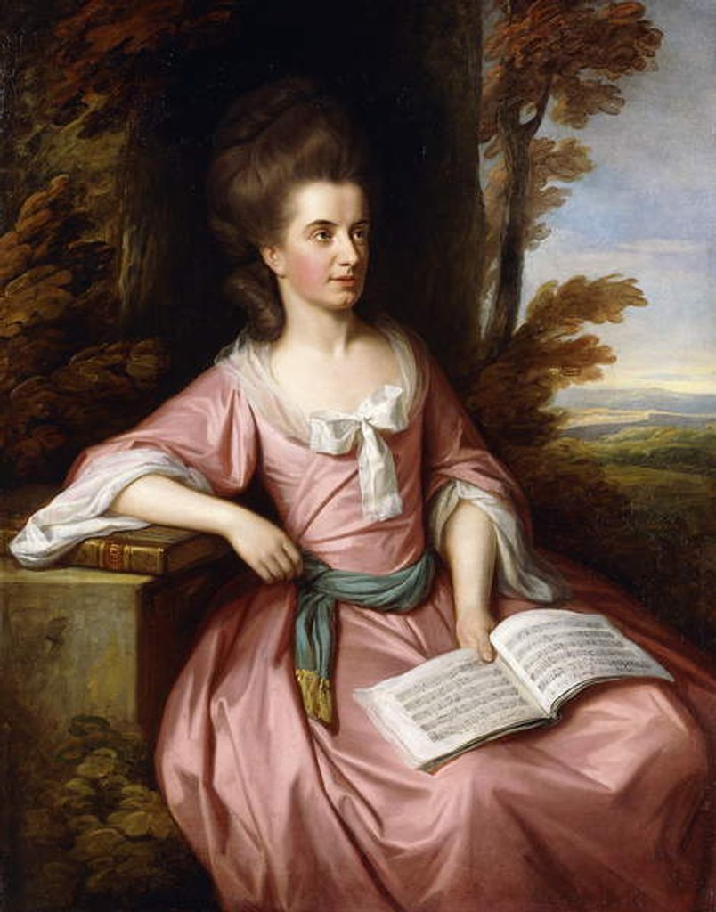 Detail of Portrait of Martha Ray, seated three-quarter-length, in a Pink Dress with a Blue Sash, holding a Musical Score, in a Landscape, 1777 by Nathaniel Dance