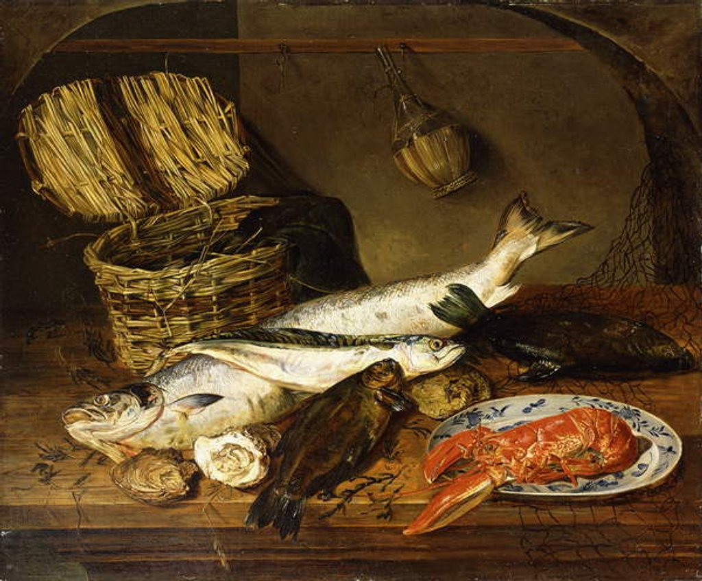 Detail of A Salmon, a Mackerel, a Lobster on a Plate, a Wicker Basket, Oysters, a Chianti Bottle and a Fisherman's Net on a Wooden Table, 1854 by Emily Stannard