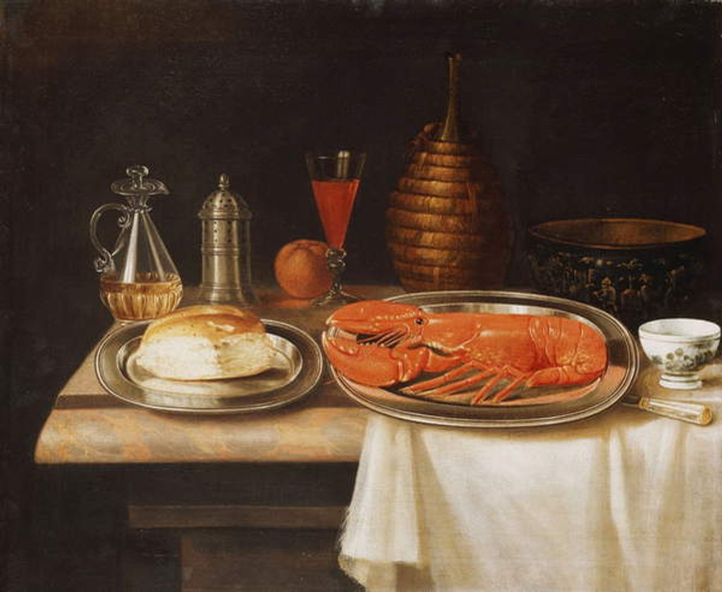 Detail of A Still-Life; with a Lobster and Bread on Salvers, a Decanter of Wine and other Items on a Partly Draped Marble Ledge by Charles Collins