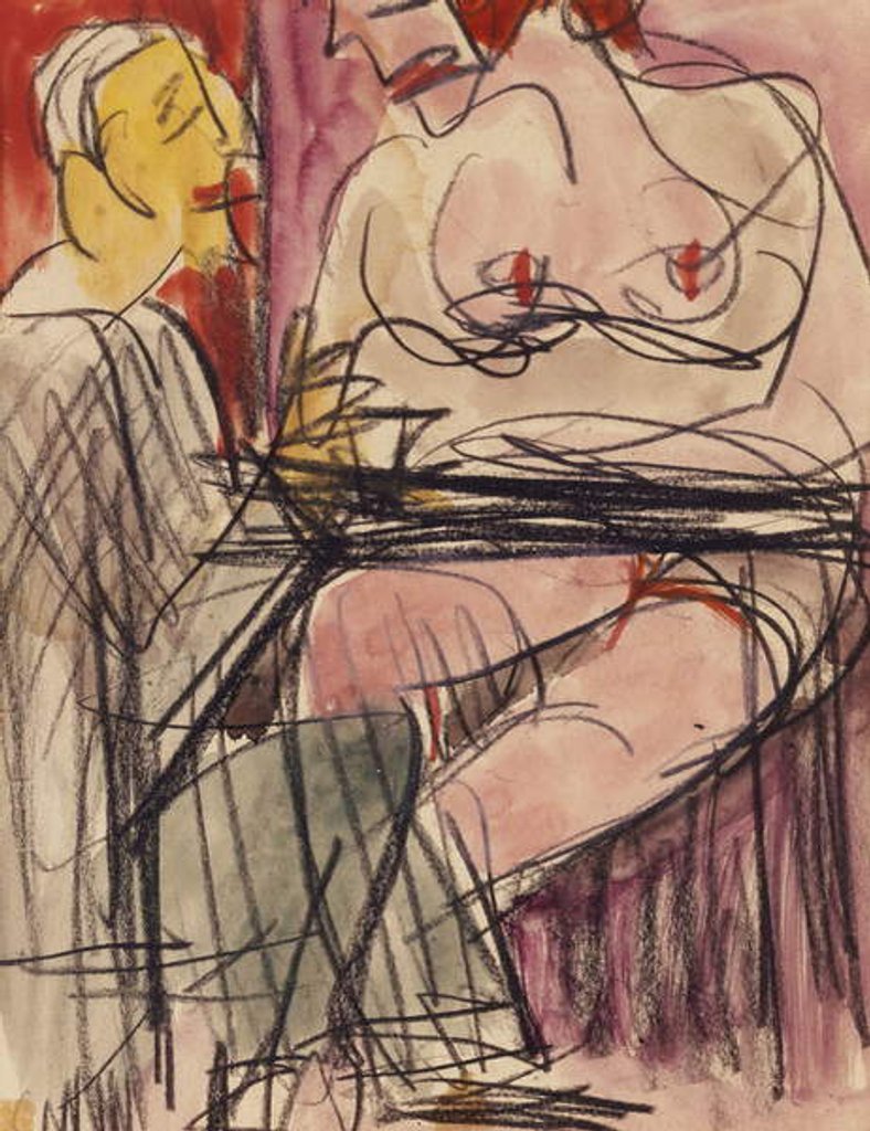 Detail of Female Nude and Man sitting at a Table; Weiblicher Akt und Mann an einem Tisch sitzend by Ernst Ludwig Kirchner