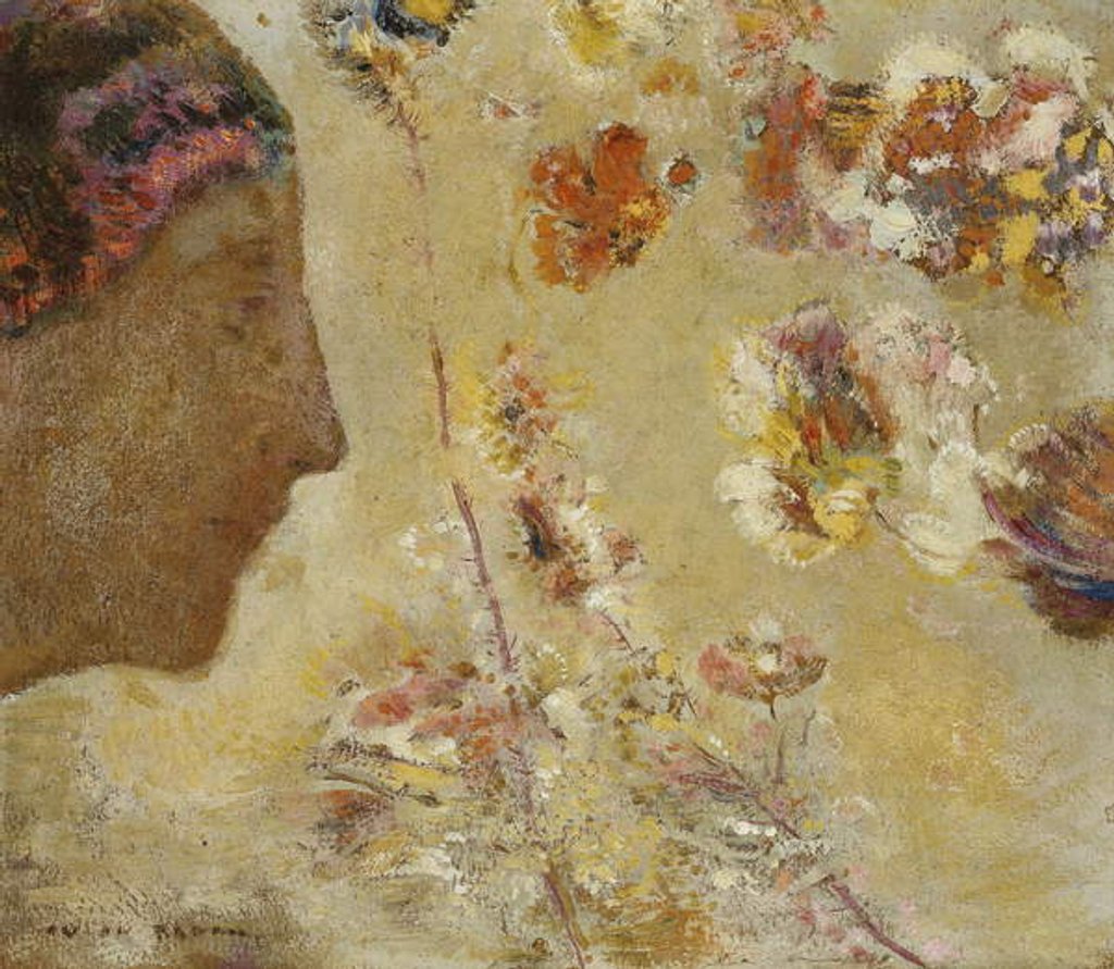 Detail of Woman in Profile with Butterfly and Flowers; Femme de Profil avec Papillon et Fleurs, by Odilon Redon