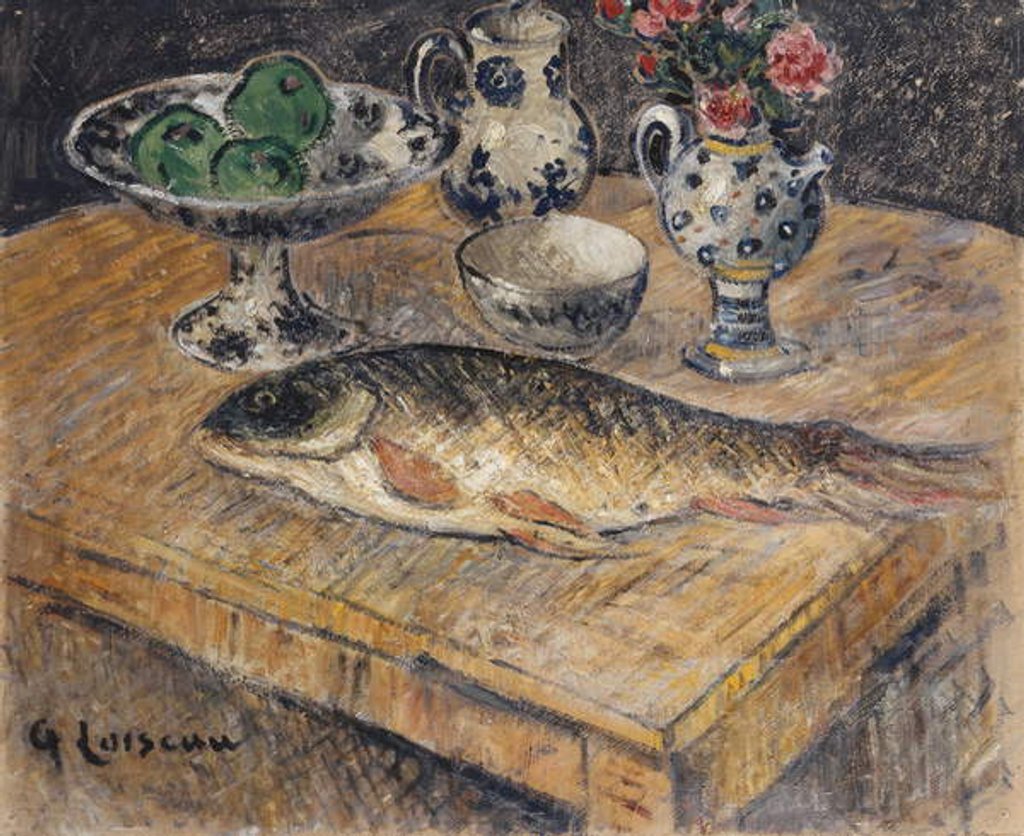 Detail of Still Life with Fish, Flowers and Apples by Gustave Loiseau