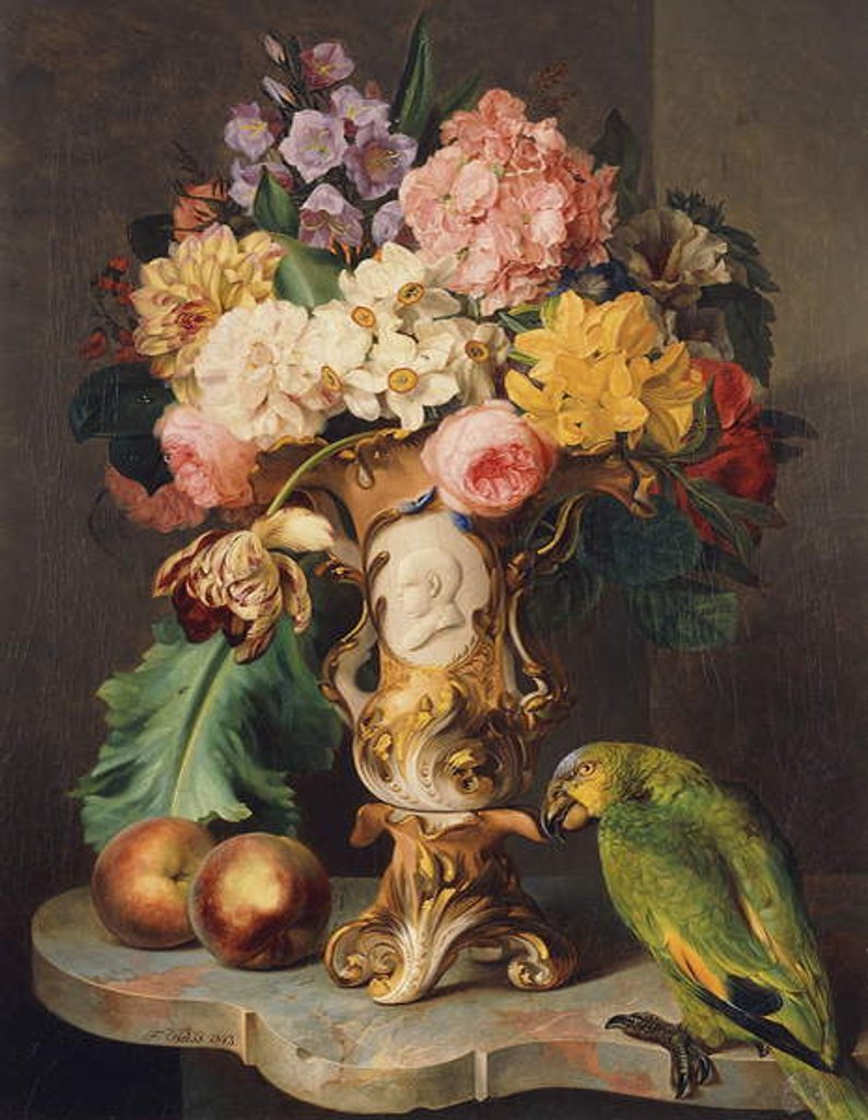 Detail of A Still-Life with a Vase of Assorted Flowers, Peaches and a Parrot on a Marble Ledge, 1843 by Ferdinand Kuss