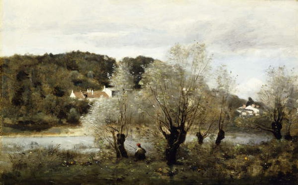 Detail of Fisherman on the Edge of a Pond in the Village of Avary by Jean Baptiste Camille Corot
