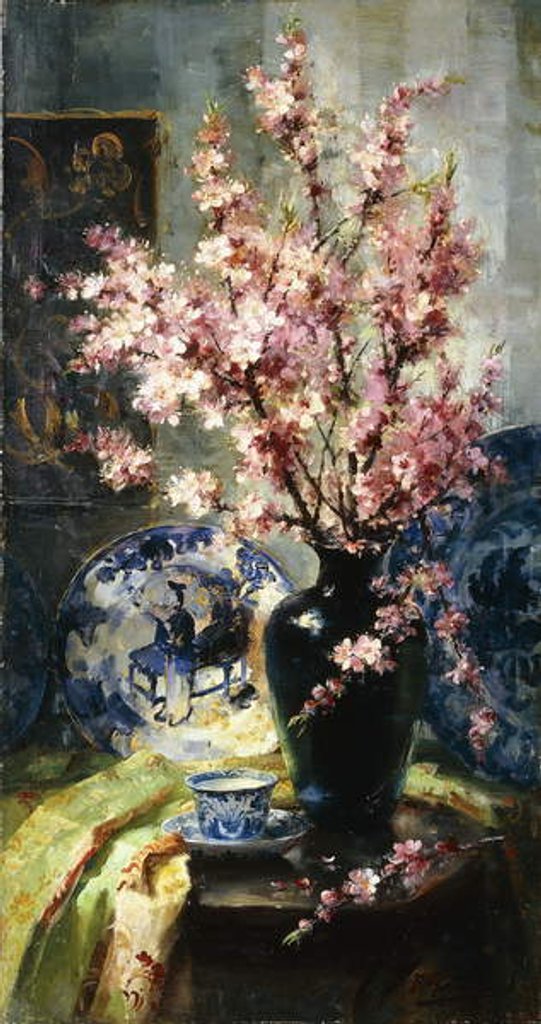 Detail of Apple Blossoms and Blue and White Porcelain on a Table by Frans Mortelmans