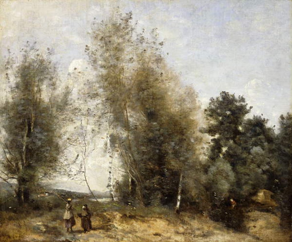 Detail of Group Of Trees at the Edge of a Pond with Three Peasants by Jean Baptiste Camille Corot