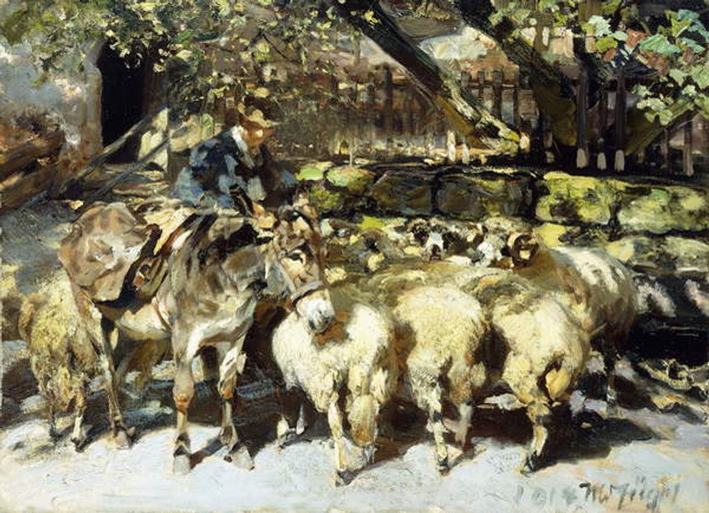 Detail of A Shepherd with his Flock, 1914 by Heinrich Johann von Zugel