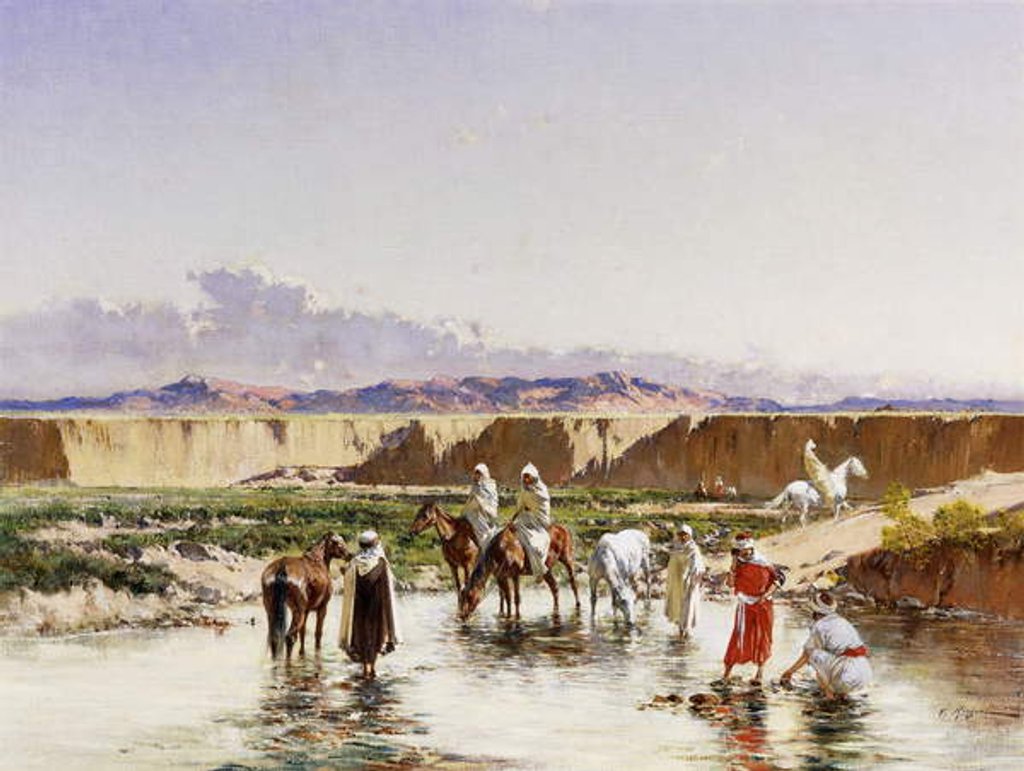 Detail of Arab Horsemen watering in an Oasis by Victor-Pierre Huguet