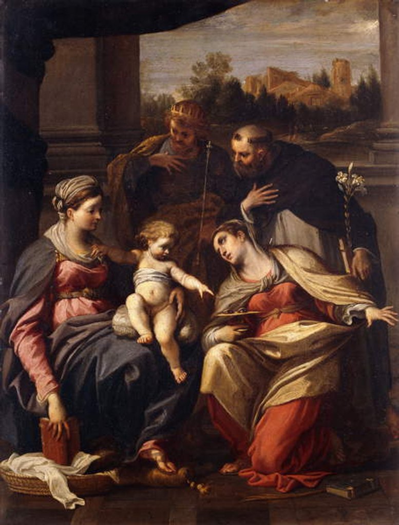 Detail of The Madonna and Child with Saints Lucy, Dominic and Louis of France, a landscape with a town through a casement beyond by Annibale Carracci