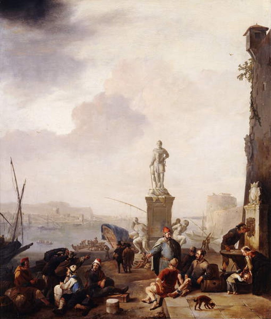 Detail of A Mediterranean Seaport with the Monument of Grand-Duke Ferdanindo I of Tuscany at Leghorn, by Johannes Lingelbach