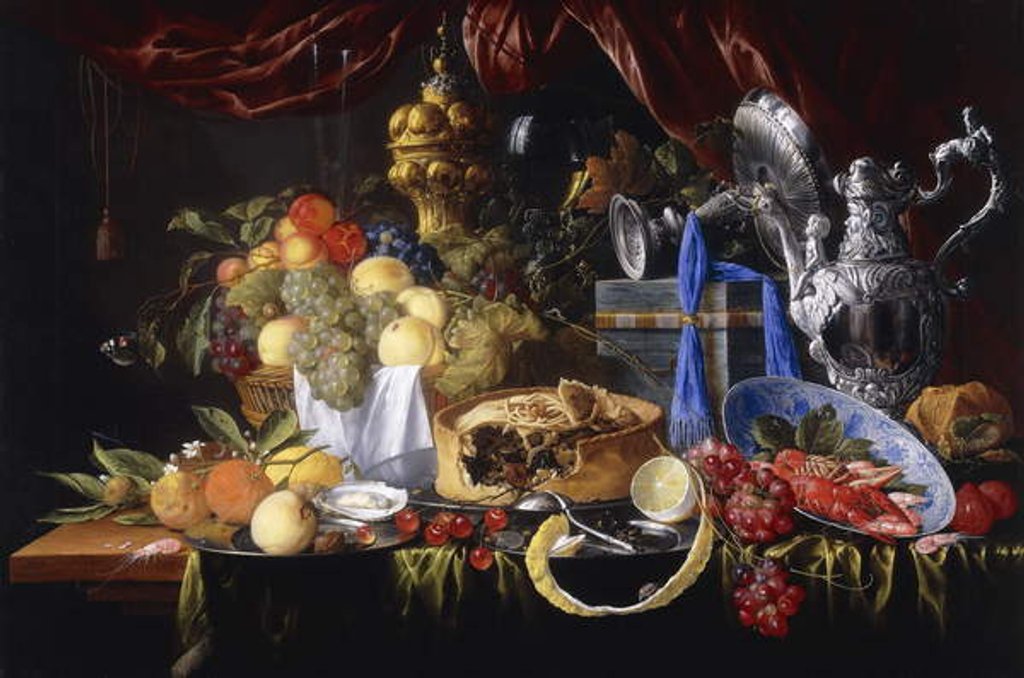 Detail of A Pie on a Pewter Plate, a Partly peeled Lemon, A Silver Spoon on a Pewter Plate, Crayfish and Shrimp in a Wanli Kraak Porselein Bowl, 1649 by Jan Davidsz. de Heem