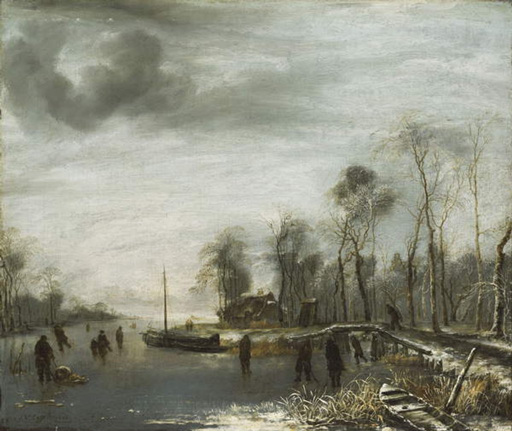 Detail of A Winter Landscape with Skaters and Colf Players on a frozen Waterway, 1653 by Jan van de Capelle or Cappelle