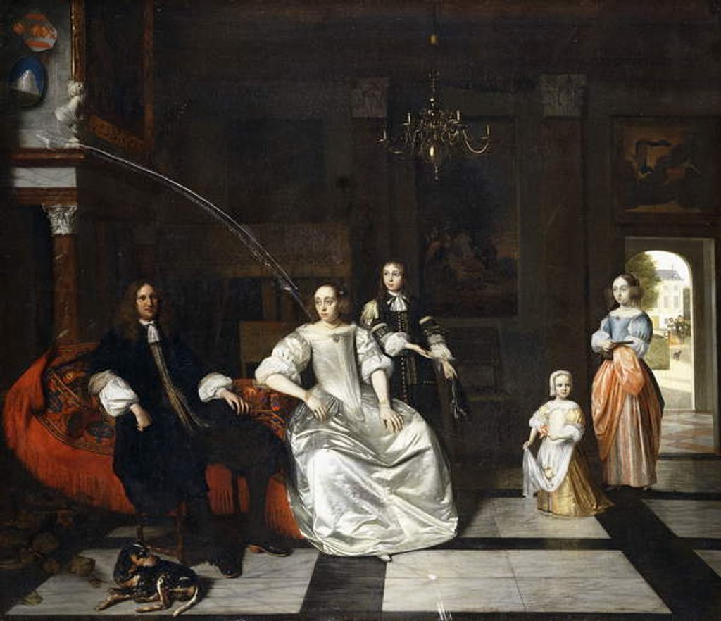 Detail of Group Portrait of the Jacott-Hoppesack Family with a Hound in a Sumptuous Classical Interior, a Lady and Gentleman Strolling in a Park Through a Doorway Beyond by Pieter de Hooch