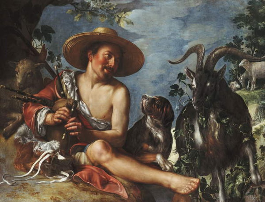 Detail of A Shepherd Piping on a Knoll, a Dog and his Flock Nearby by Peter Wtewael