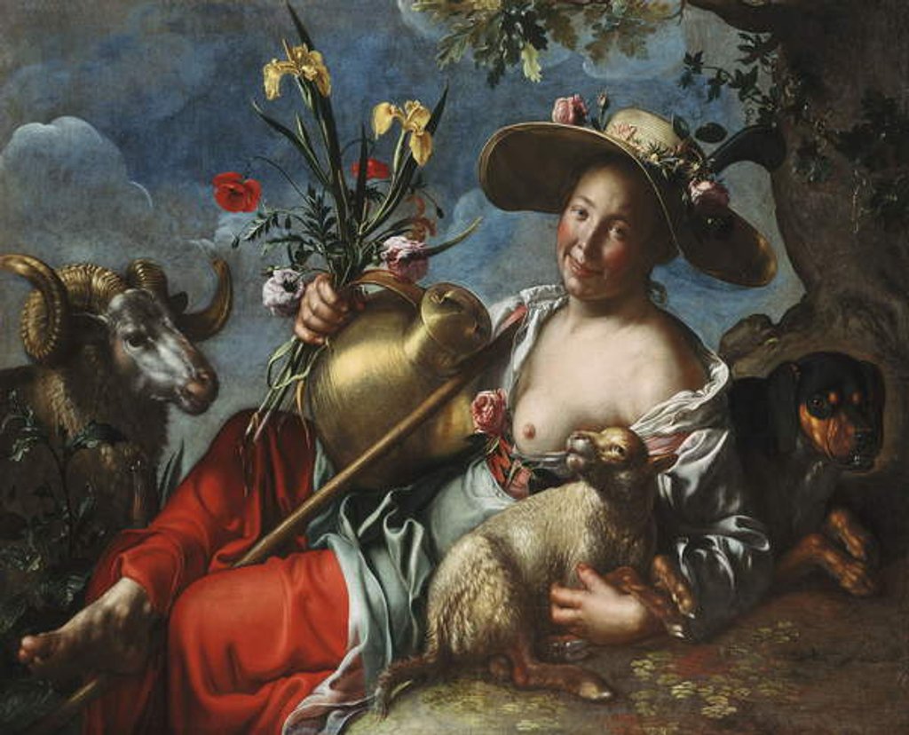 Detail of A Shepherdess Reclining with a Rabbit, a Hound and a Ram by Peter Wtewael