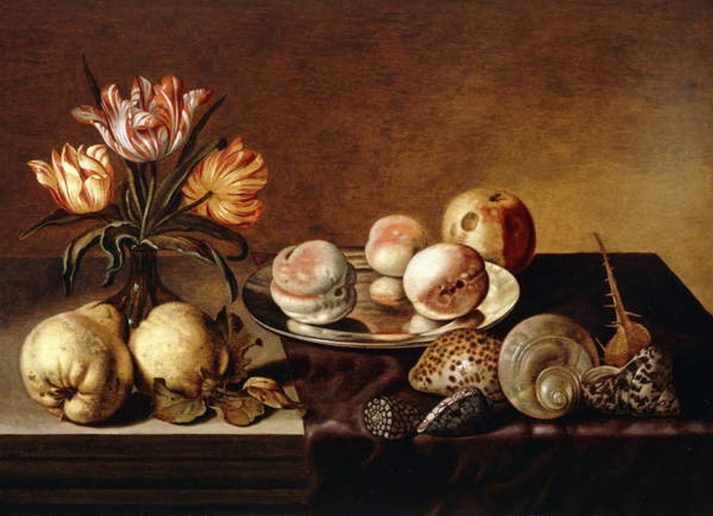 Detail of A Silver Plate of Peaches, a Vase of Parrot Tulips, Pears and Shells on a Partly Draped Table by Bartholomeus Assteyn