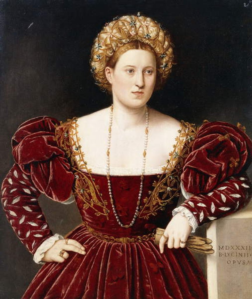 Detail of Portrait of a Lady, three-quarter-length, in a burgundy dress with slashed sleeves, holding gloves by Bernardino Licinio