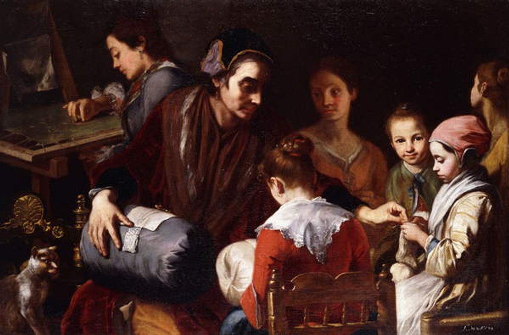 Detail of Girls being taught Needlework by a Seamstress, by Giuseppe Bonito