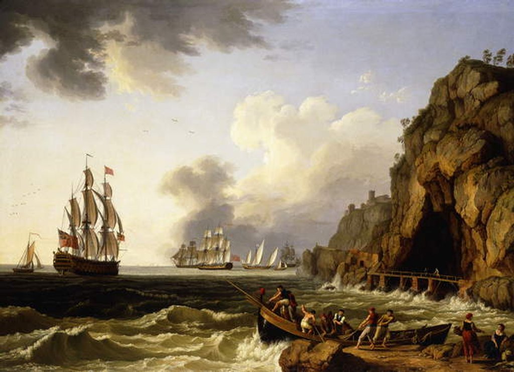 Detail of A View of the Coast near Naples with a British Royal Navy Three-Decker flying the Flag of a Vice Admiral of the Red, 1777 by Jacob-Philippe Hackert