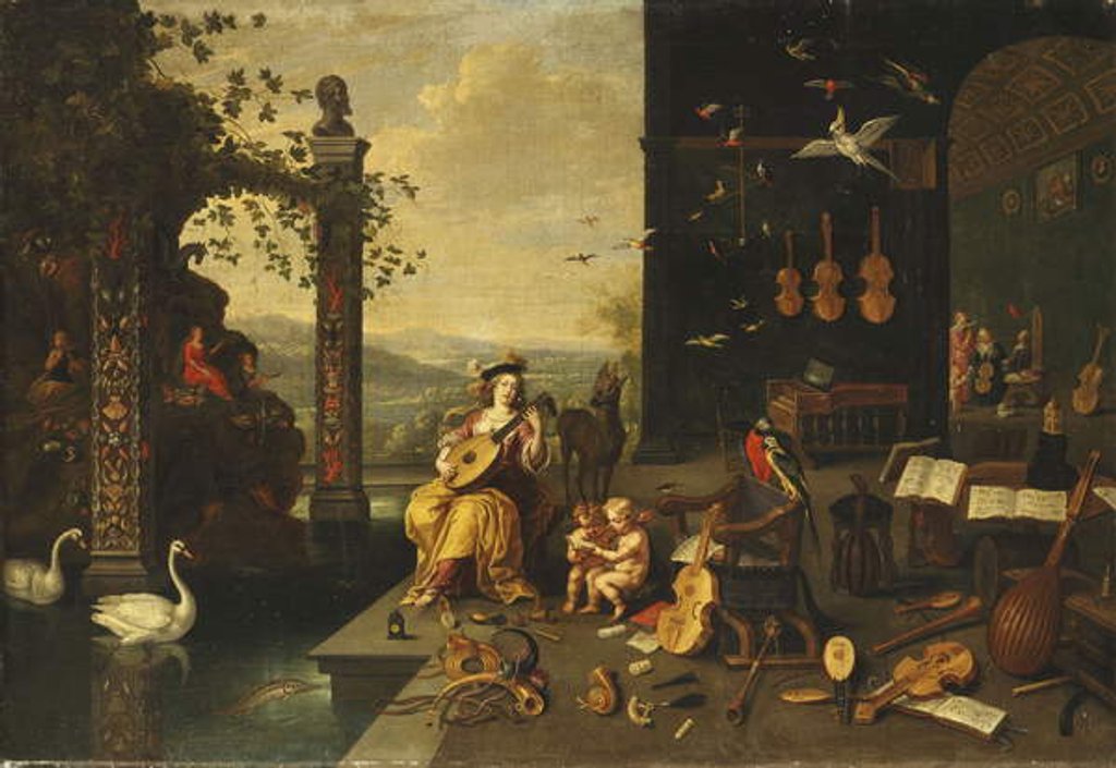 Detail of A Personification of Music: A young Woman playing a Lute on a Terrace before an open Gallery by Jan van I & Willemsens Abraham Kessel