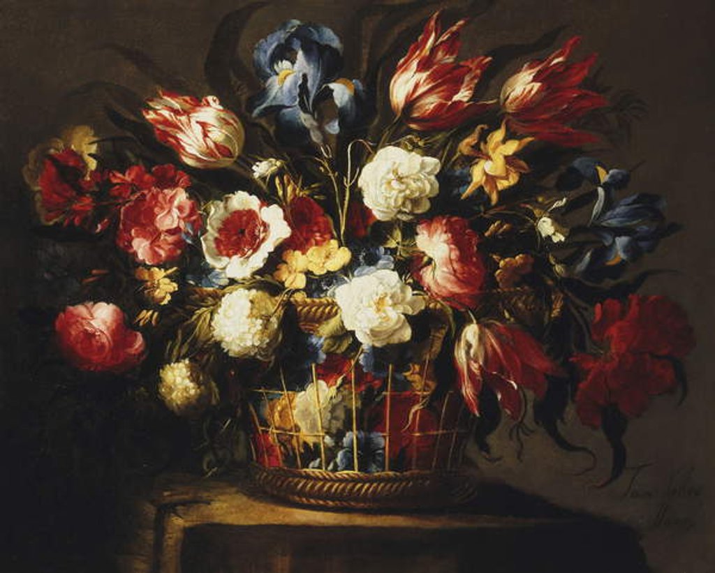 Detail of Flowers in a Basket on a stone Ledge by Juan de Arellano