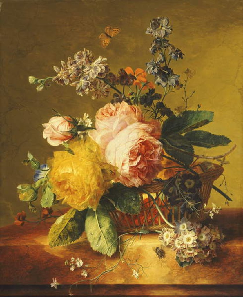 Detail of Roses and other Flowers in a Basket on a Marble Ledge, c.1742 by Jan van Huysum