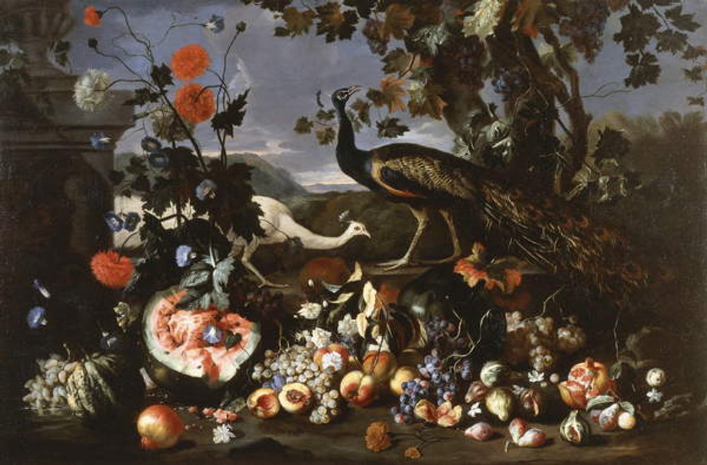 Detail of A Peacock and a Penhen with Fruit and Flowers in a Park by Franz Werner Tamm